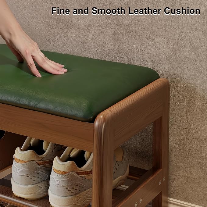 AQIMUELE Shoe Rack Bench,2 Tiers Shoe Bench with Storage with Flip-Top,Wood Shoe Rack for Entryway,Hallway（Green Upholstered Seat,11.8" D x 31.5" W x 15.7" H）