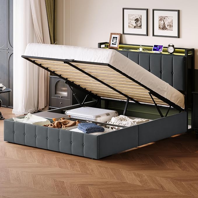 Garvee Full Size Lift Up Storage Bed with LED Lights, Upholstered Velvet Bed Frame with Storage Headboard & Charging Station, Metal Platform Bed, No Box Spring Needed, Solid Wooden Slats, Grey