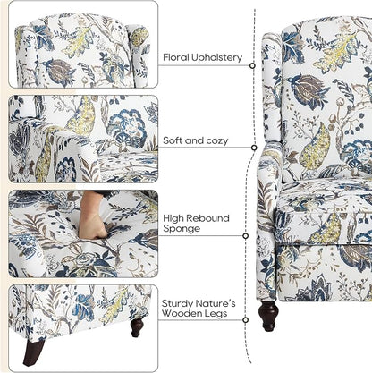 Upholstered Wingback Recliner Chair, Mid Century Modern Manual Push Back Recliner for Living Room, Bedroom (1, Blue & White Floral)