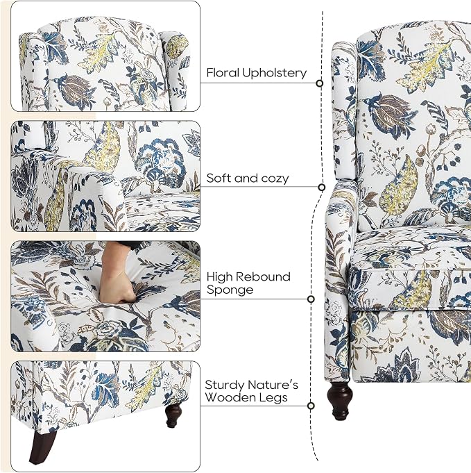 Upholstered Wingback Recliner Chair, Mid Century Modern Manual Push Back Recliner for Living Room, Bedroom (2, Blue & White Floral)