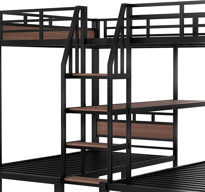 Queen Over Twin Over Twin Metal Bunk Bed, Triple Metal Bunk Bed with Storage Shelves and Wide Storage Stairs for Kids & Adults (Black, Queen Over Twin Over Twin)