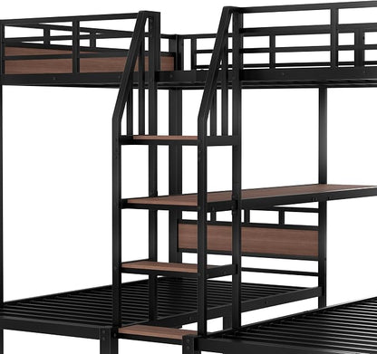 Queen Over Twin Over Twin Metal Bunk Bed, Triple Metal Bunk Bed with Storage Shelves and Wide Storage Stairs for Kids & Adults (Black, Queen Over Twin Over Twin)