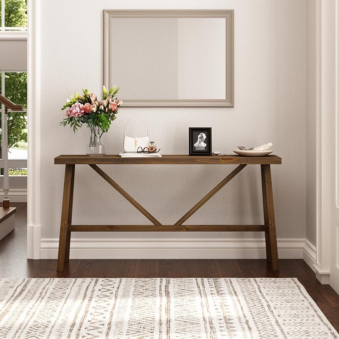 Wnutrees 63" Farmhouse Solid Wood Console Tables, Rustic Hallway Table, Solid Firwood Sofa Table for Entryway, Living Room, Easy Assembly, Natural