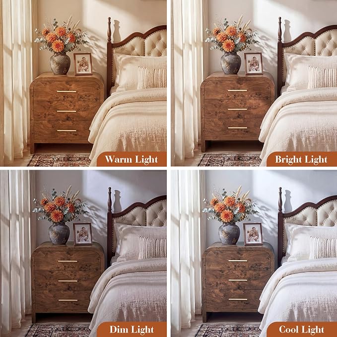 Night Stand Set of 2 [Unique Curved Profile] [FSC-Certified Wooden Board] 3-Drawer Nightstand 26.7" H Metal Handle Modern Sturdy Bedside Table Side Table End Table