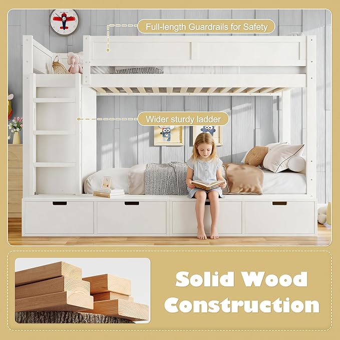 Bellemave Twin Over Twin Bunk Bed with Storage Drawers,Solid Wood Bunk Bed with Built-in Wardrobe,Storage Shelf and Safety Guardrails for Kids Girls Boys,Ivory