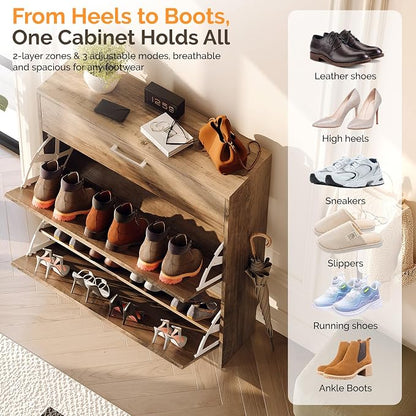 VINGLI Grey Shoe Cabinet for Entryway, Slim Shoe Rack Storage with 3 Flip Drawers, Rustic Washed Grey Wood Finish, Narrow Hidden Shoe Organizer for Hallway, 9.5" Depth, Greige