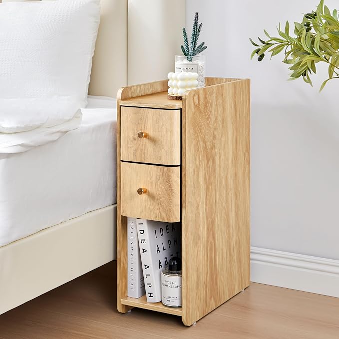 Narrow End Table Bedroom, Wooden Small 2 Drawer Nightstand, Thin Couch Side End Table, Skinny Bedside Table Small Spaces, Mid Century Modern Night Stand with Drawers (Natural-1 pc)