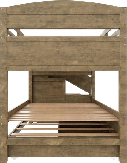 RUNNA Twin XL Bunk Bed with Trundle, Storage Stairs,Kids Bedroom,Walnut | Twin XL bunk bed with trundle, storage stairs, solid wood frame, guardrails, no box spring needed,Walnut, space saving