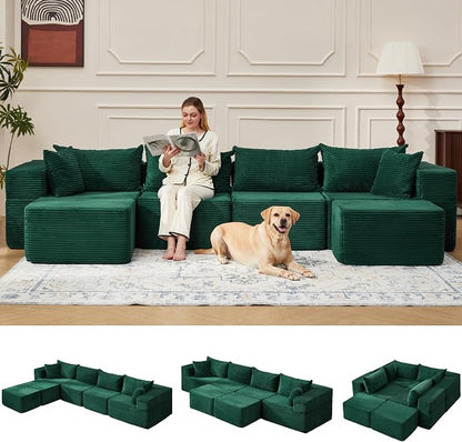 HOMREST 131" Cloud Couch Sectional, U Shaped Modern Sofa with 2 Ottomans, Comfy Corduroy Fabric Modular Sectional Sofa in a Box, Boneless Couches for Living Room, No Assembly Required (Green)