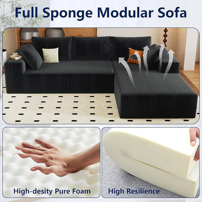 96" Modular Sectional Sofa, Modern Corduroy Cloud Couch with Deep Seat, Boneless Couch Upholstered 3-Seater L-Shaped Sofa for Living Room, No Assembly Required (Black, Right-Facing Chaise)