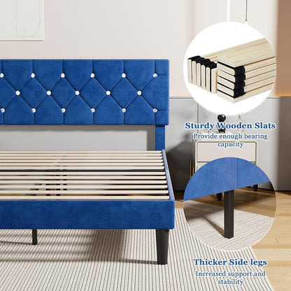 VECELO Queen Size Bed Frame, Upholstered Platform with Adjustable Diamond Tufted Headboard, Wood Slat Support, No Box Spring Needed, Navy Blue