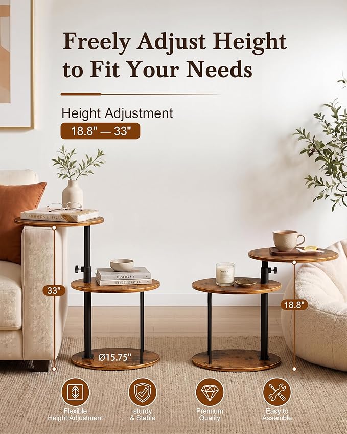 Faesun Swivel Round Table for Couch Arm, Height Adjustable C Shaped End Table for Recliner or Bed, Tv Trays with Storage Shelf for Small Spaces- Small Nightstand for Living Room, Bedroom, Rustic