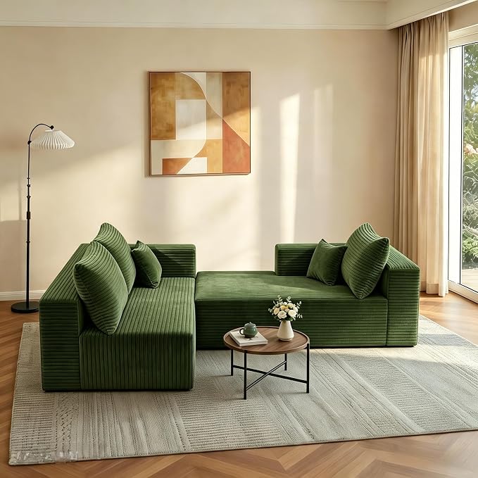 JINGLING 94" L Shape Couch with Left Chaise, Memory Foam Boneless Sectional Sofa in a Box, No Assembly Modular Small Couches for Small Spaces, Living Room, Apartments, Plush Corduroy, Green