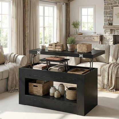 UNIQUITE 40" Lift Top Coffee Table, 4 in 1 Multi-Function Lift Coffee Tables with Storage and Hidden Compartment, Convertible Wood Coffee Tables to Dining Table for Living Room, Black
