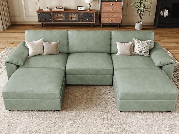 EASE MOOSE Deep Seat Sectional Couch, Scratch Resistant Faux Leather Material, 5-Seat Oversized Modular Sofa for Living Room,U Shaped Classic Comfy Sofas for Living Room,Green