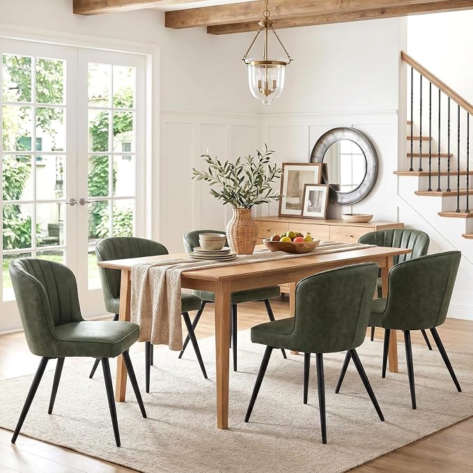 ROCITY Modern Upholstered Dining Chairs Set of 6 Green Leather Dining Room Chairs Armless Kitchen Chair with Black Metal Legs