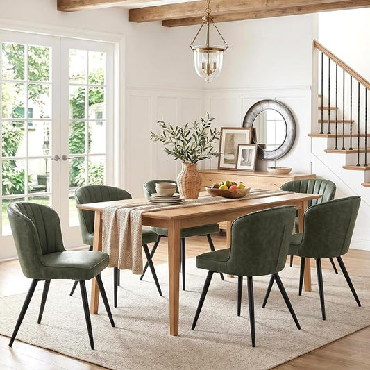 ROCITY Modern Upholstered Dining Chairs Set of 6 Green Leather Dining Room Chairs Armless Kitchen Chair with Black Metal Legs