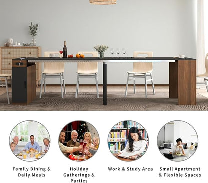 Extendable Dining Table with Built-in Power Outlet, 118” Expandable Black Dining Room Table for 11, Storage Console to Dining Table Walnut & Black
