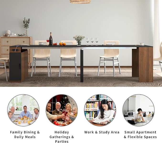 Transforming Table Extender for Dining Table, Pull Out Table, Transformer Console with Storage & Built-in Outlet, Folding Dining Table for 12, Walnut Black