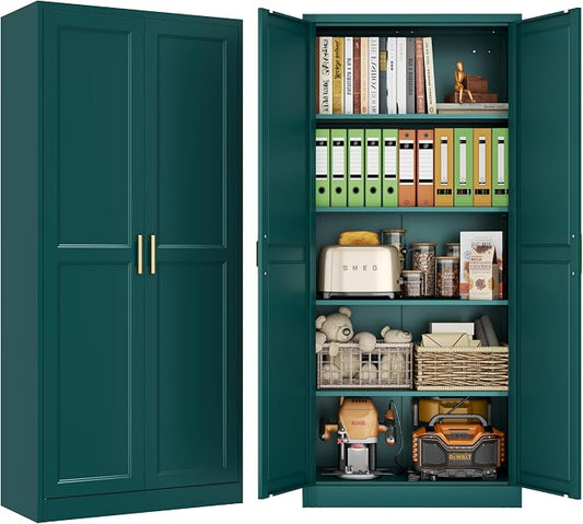 71" Metal Pantry Cabinet,Storage Cabinet with Doors and Shelves | Metal Storage Cabinet,Gold Handles,Adjustable Shelves,Magnetic Doors,Leveling Feet,Anti-tipping,for Kitchen/Garage Green