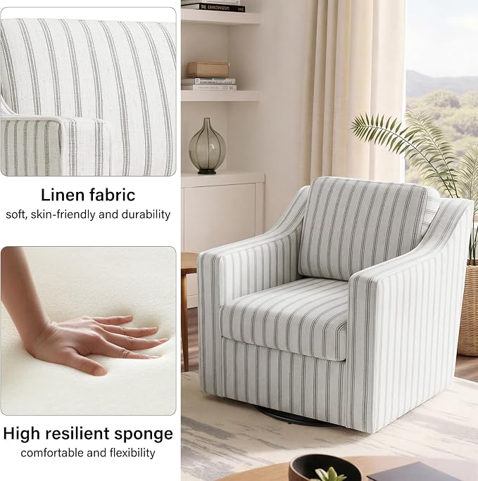 Swivel Accent Chair, Modern Round Barrel Arm Chair for Living Room, Bedroom, Comfy Club Reading Chairs for Adults (Pinstripe Grey, Set of 2)