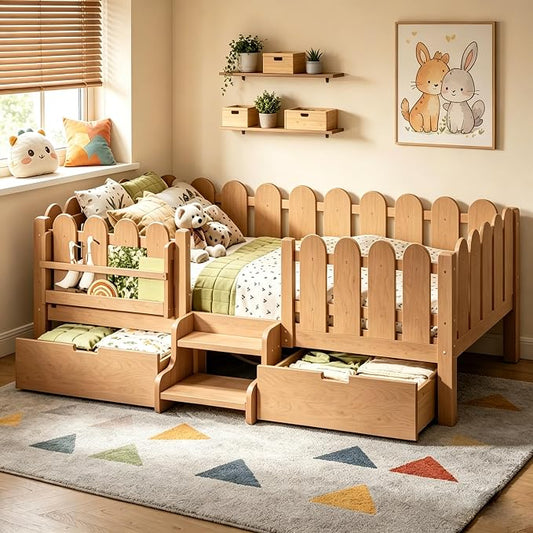 Bellemave Twin Size Platform Bed with Storage Drawers & Bookshelf for Boys Girls, Kids Twin Bed Frame with LED Lights & Stairs for Children's Room, Natural