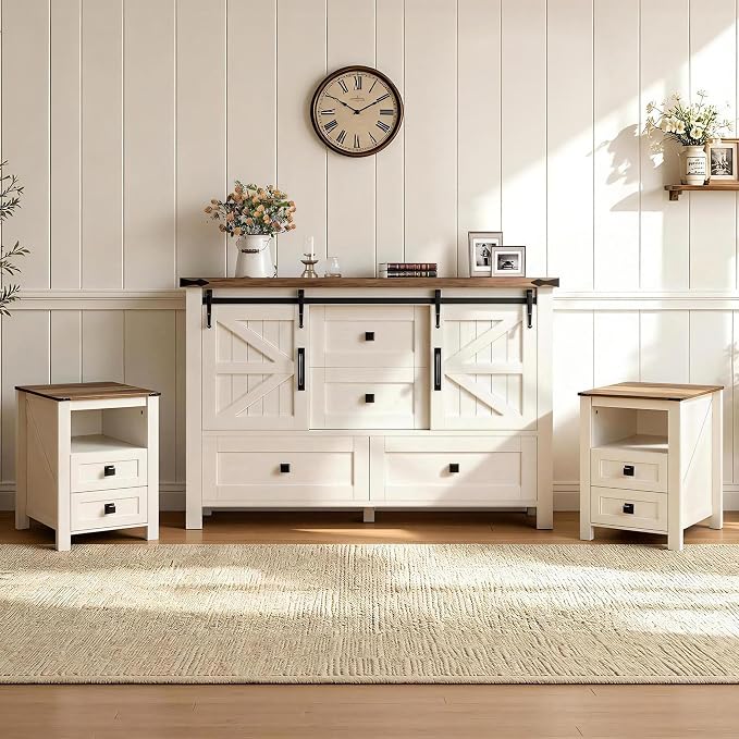 AMERLIFE 3-Piece Farmhouse Furniture Set with Sideboard Cabinet and Nightstands Set of 2, Sliding Barn Door Wood Storage Cabinet Set for Bedroom, Dining Room, Distressed White