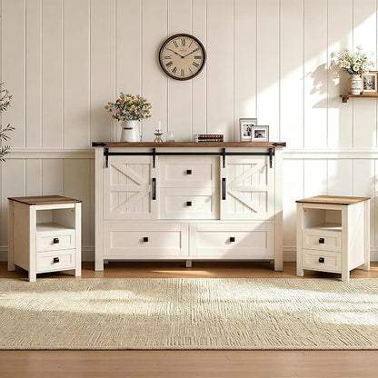 AMERLIFE 3-Piece Farmhouse Furniture Set with Sideboard Cabinet and Nightstands Set of 2, Sliding Barn Door Wood Storage Cabinet Set for Bedroom, Dining Room, Distressed White