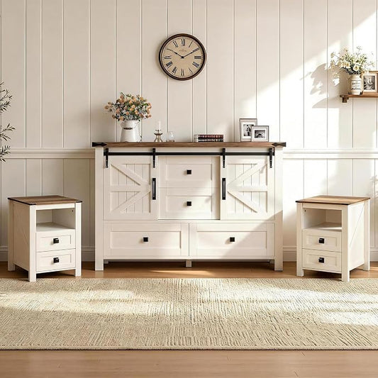 AMERLIFE 3-Piece Farmhouse Furniture Set with Sideboard Cabinet and Nightstands Set of 2, Sliding Barn Door Wood Storage Cabinet Set for Bedroom, Dining Room, Distressed White