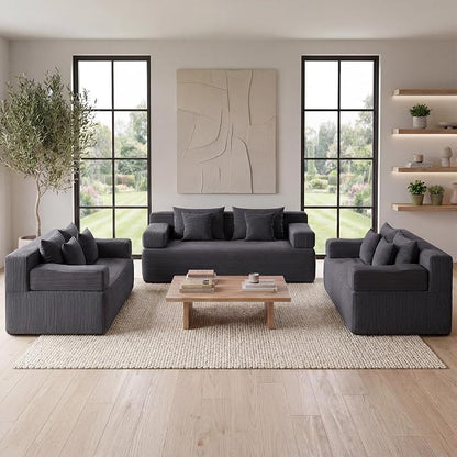 MONVANE 3-Piece Boneless Loveseat Couch Set for Living Room, Oversized Modular Sectional Sofa Set with Removable Armrests, Comfy Corduroy Cloud Couch with 12 Pillows, No Assembly Required, Grey