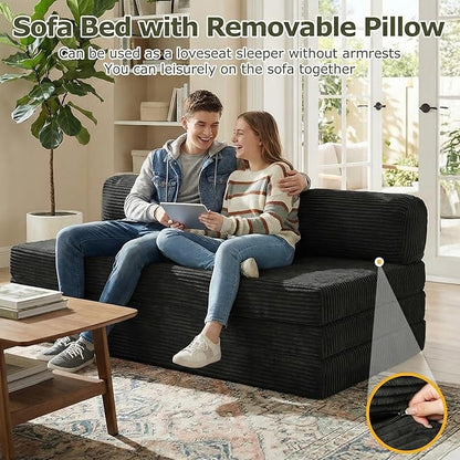 5-in-1 Convertible Sofa Bed, Boneless Couch Loveseat with Removable Cushions & Washable Cover, Futon Sofa Bed with Handle, Pull Out Couch for Small Spaces, Queen Size, Black