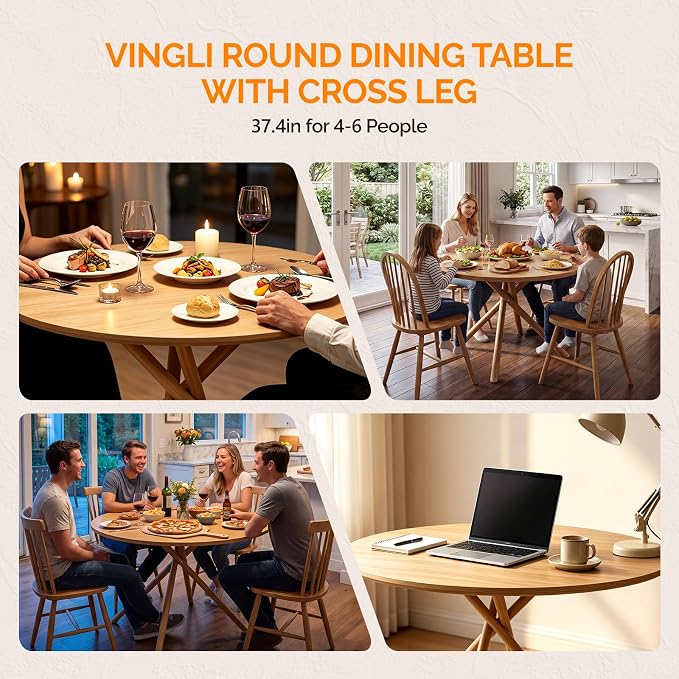 VINGLI 37.5" Round Dining Table for 4, Wood Kitchen Table, Oak | Cross Metal Leg, Adjustable Feet, Wood Tabletop, Mid-Century Modern Style, for Living Room, Dining Room, Kitchen, Small Place