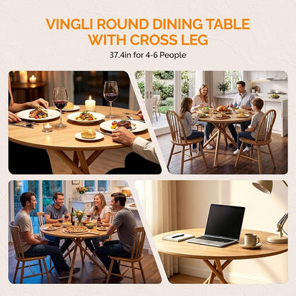 VINGLI 37.5" Round Dining Table for 4, Wood Kitchen Table, Oak | Cross Metal Leg, Adjustable Feet, Wood Tabletop, Mid-Century Modern Style, for Living Room, Dining Room, Kitchen, Small Place