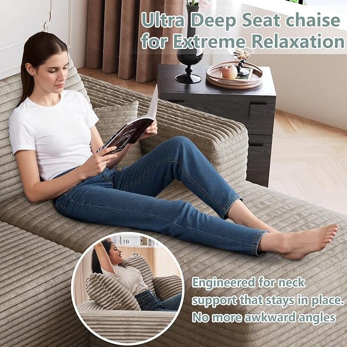 95" Modular Sectional Sofa, Modern Corduroy Cloud Couch with Side Pockets, Boneless Couch Upholstered 3-Seater L-Shaped Sofa for Living Room, No Assembly Required (Camel,Right-Facing Chaise)
