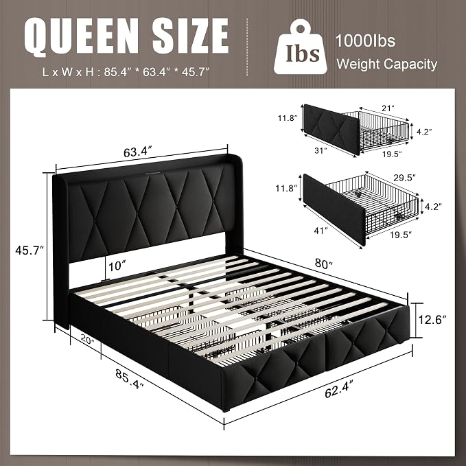 Einhomn Queen Bed Frame with 4 Storage Drawers and Charging Station, Upholstered Platform Bed Frame with Storage Headboard, No Box Spring Needed, Easy Assembly, Black