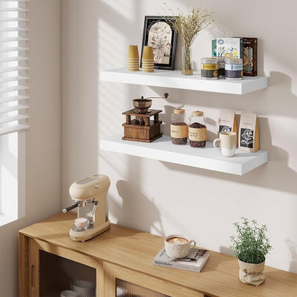 Fun Memories Floating Shelves for Wall, 30 Inch Long Floating Shelves Set of 3, 30 x 10 Wooden Shelves for Wall, Large Storage Shelves, Hanging Shelves for Bathroom Kitchen Bedroom, White