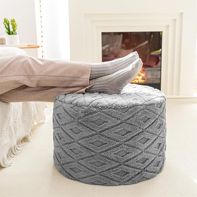 Round Pouf Ottoman 20 x 20 x 14 Inches Boho Poof Home Decor Floor Pouffe Ottoman Foot Rest for Couch Sofa Bean Bag Chairs Living Room Bedroom (Light Gray)