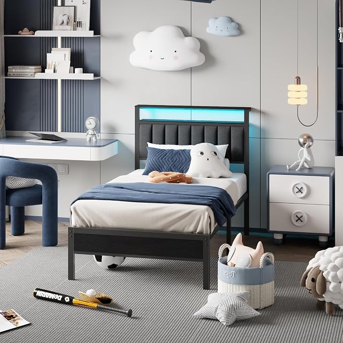 Furnulem Twin Size Bed Frame with Charging Station and LED Lights, Platform Bed with Metal Slats, Grey Upholstered Headboard with 2-Tier Storage Shelves, No Box Spring Needed