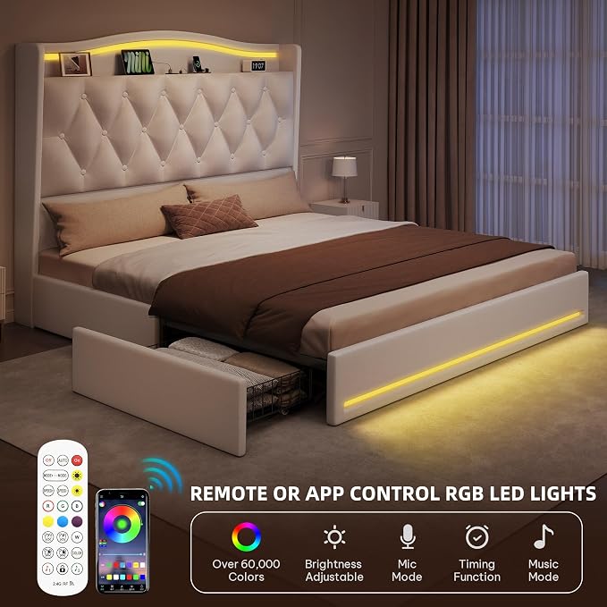 DWVO Queen Size Bed Frame with 4 Storage Drawers and RGB LED Lights, 57'' Tall Headboard Velvet Upholstered Bed with Charging Station, No Box Spring Needed, Easy Assembly, Noise-Free, White