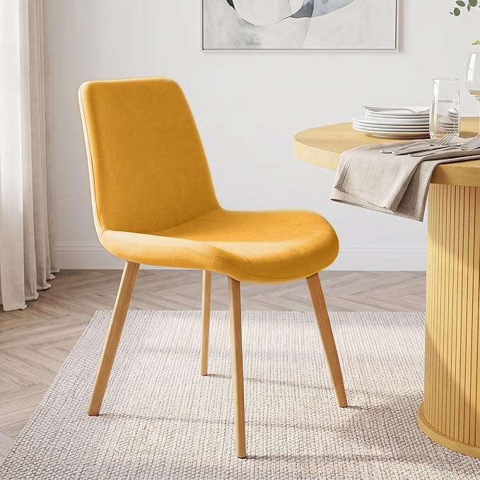 HIPIHOM Dining Chairs Set of 2, Mid-Century Modern Fabric Kitchen Chairs | Curved Backrest for Comfort, High-Density Sponge Padded Seat, Heat and Stain Resistant Surface, Sturdy Wood-Grain Metal Legs