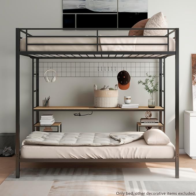Bellemave Full Over Twin bunk Bed with Desk, loft Bed with Desk and Shelves, Full Over Twin Metal Bunk Beds with Charging Station, Black & Nature Oak