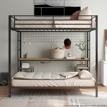 Bellemave Full Over Twin bunk Bed with Desk, loft Bed with Desk and Shelves, Full Over Twin Metal Bunk Beds with Charging Station, Black & Nature Oak
