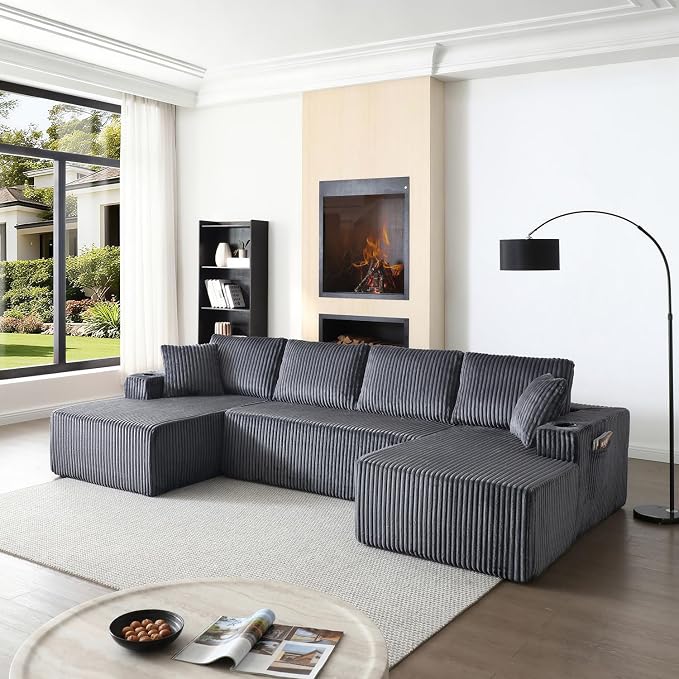124" Modular Sectional Sleeper Sofa, Boneless Cloud Couch for Living Room, U Shaped 5 Seat Sofa with 2 Storage Pockets& 2 Cup Holders, Free Combination, No Assembly Required