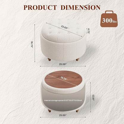 25Inch Round Ottoman with Storage, Tufted Fabric Modern Circle Ottoman with Reversible Tray Lid and Wood Legs, Multi-Functional Small Coffee Table for Living Room, Bedroom, Camel