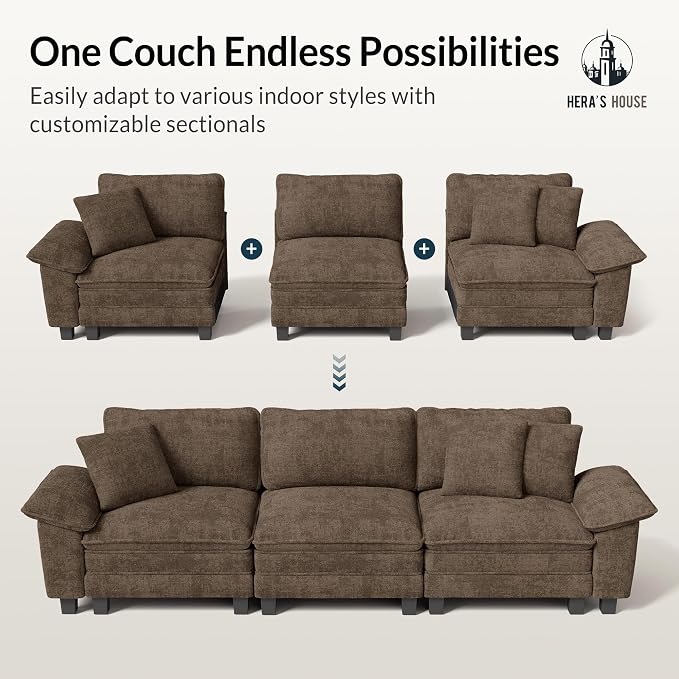 HERA'S HOUSE 124" Oversized Modular Sectional Sofa, Comfy U Shaped Couches for Living Room, Cloud Couch with Ottoman, 5-Seater Deep Seat Sofa with Throw Pillow, Chenille Grayish Brown