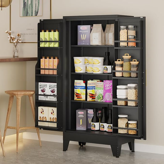 winiowa Metal Kitchen Pantry Storage Cabinet, Pantry Cabinet with Doors and Adjustable Shelves, Steel Storage Cabinet for Kitchen, Dining Room, Living Room-Black