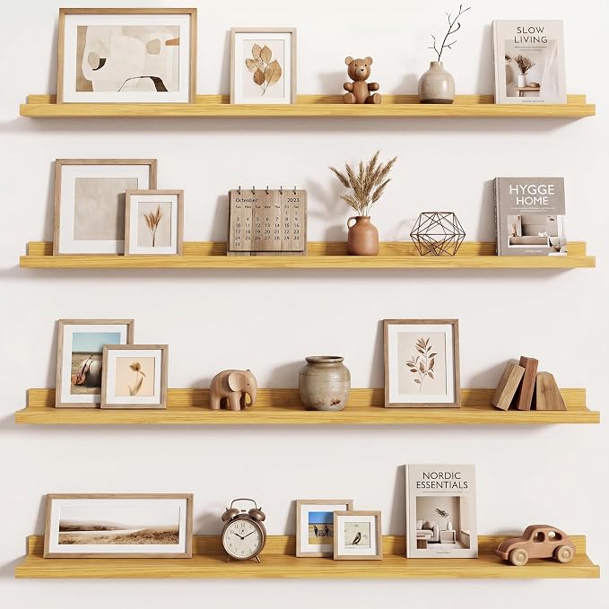 Axeman Picture Ledge Shelf | 48 Inch Oak Floating Shelves Set of 4 | Rustic Wood Wall Shelves with Lip | 48" Oak Picture Shelves for Wall with Ledge | Photo Shelves