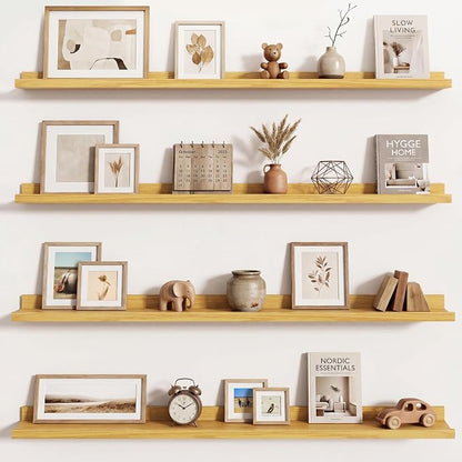 Axeman Picture Ledge Shelf | 48 Inch Oak Floating Shelves Set of 4 | Rustic Wood Wall Shelves with Lip | 48" Oak Picture Shelves for Wall with Ledge | Photo Shelves