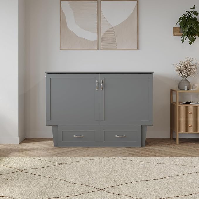 AFI, Monroe Full Murphy Bed Chest with 6" Mattress, Storage Drawer & Built-in USB Charger, Grey