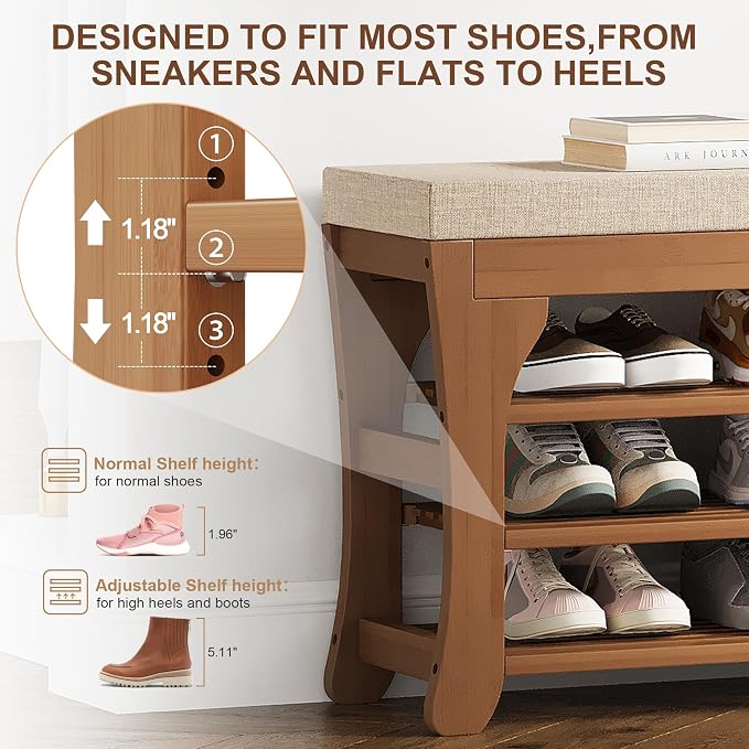 PETKABOO 39.4" Shoe Storage Bench with Cushion, 3-Tier Shoe Rack Bench with Adjustable Shelf, 400 LB Capacity, Boot Storage Compartment, Shoe Organizer for Entryway, Hallway, Bedroom, Closet